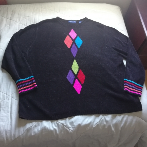 KAREN SCOTT Dark Brown Black Chenille Crew Neck Sweater Colourful Argyle 2X - Picture 4 of 8